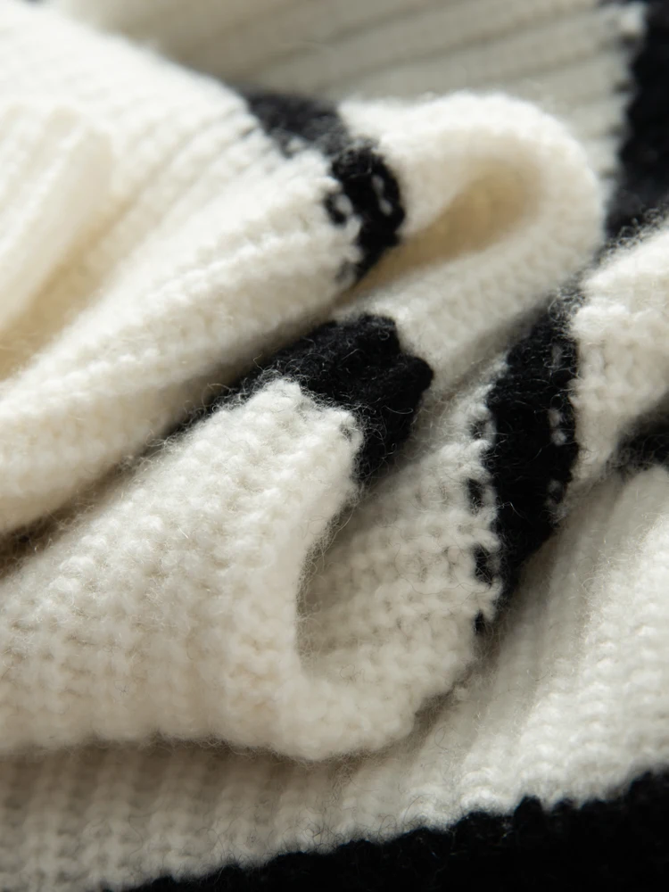 High Quality 100% Cashmere Women Sweater Thick Warm O-neck Pullover Autumn Winter Vintage Style Loose Striped Cashmere Knitwear