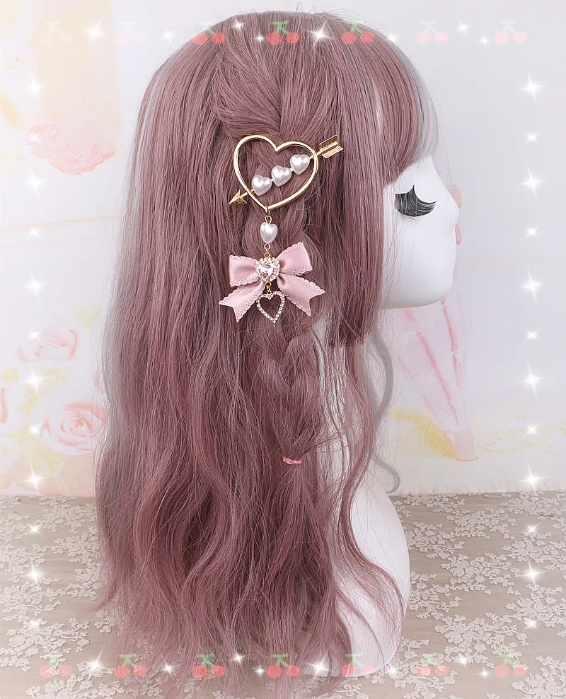 Harajuku دبوس الشعر اليابانية الحلو الألغام اللؤلؤ القلب السهم القوطية لوليتا الشعر القوس حجر الراين الجانب كليب مقاطع الشعر للنساء