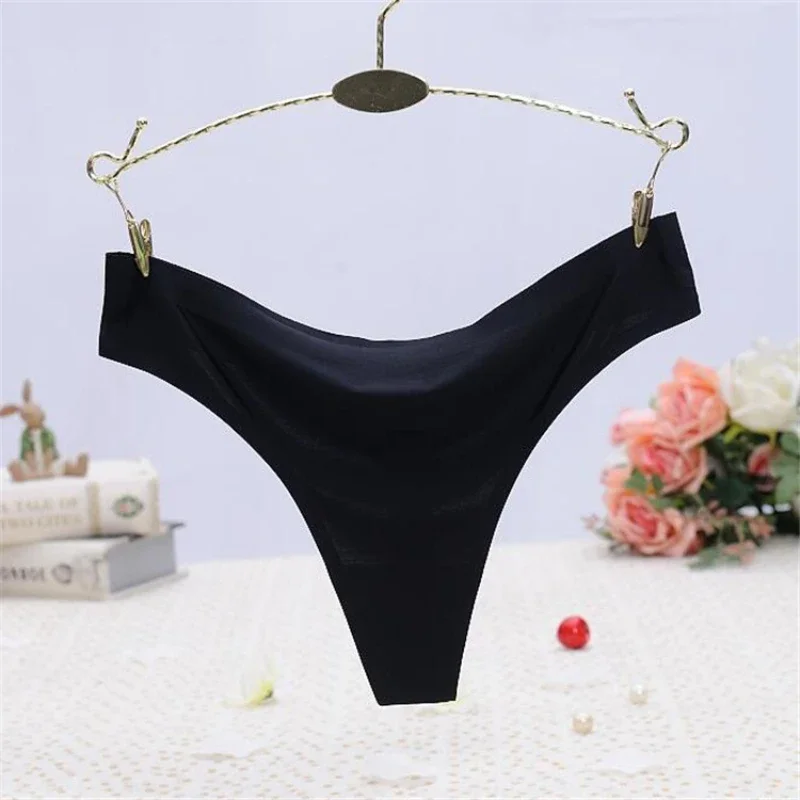 Sexy G-string Low Waisted Tanga Knickers Ice Silk Seamless Invisible Thong Pure Cotton Bottom T-back Underpants Women 9 Colors