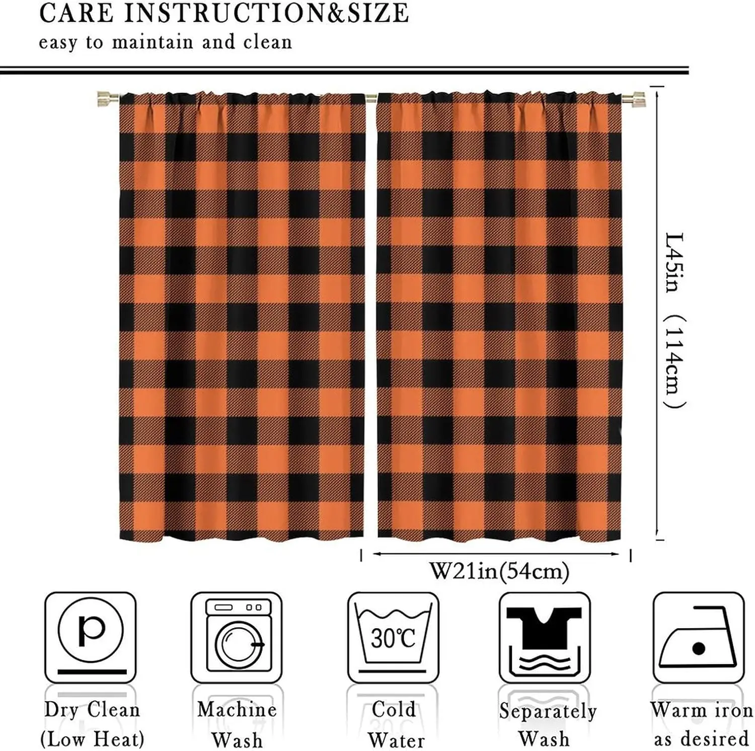 Halloween Orange Buffalo Check Window Curtains 2 Panels, Black Orange Plaid Rustic Farmhouse Simple Geometric Home Curtain