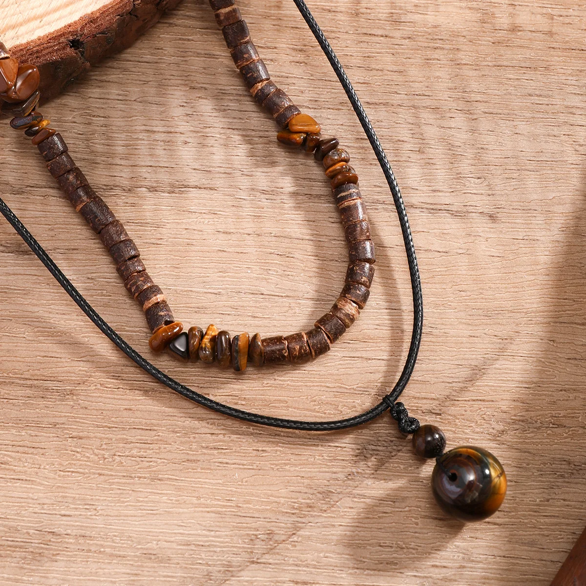 2pcs/set Natural Stone Pendant Necklace for Men Vintage Wood Beads Skin Wax Thread Choker Hippop Necklace Gothic