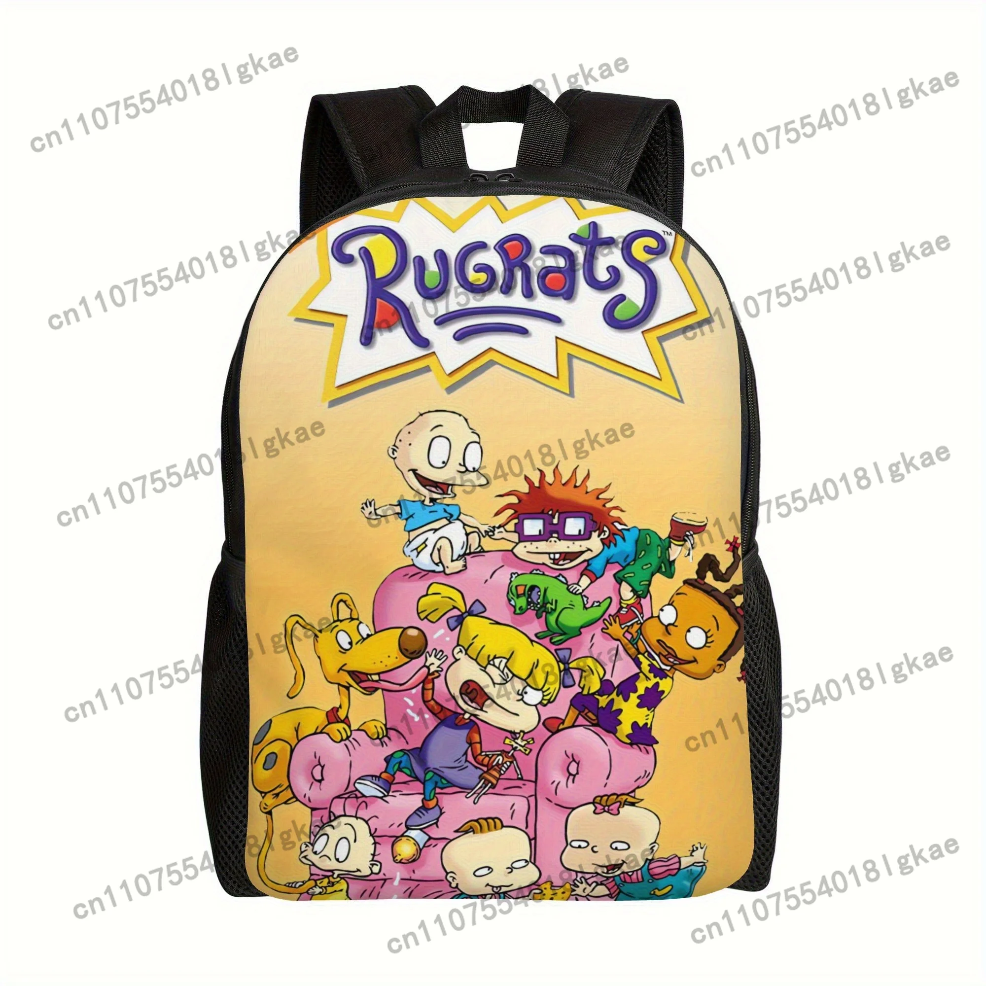Rugrats Backpack- Vibrant Cartoon Design with Angel and Tommy Pickles, Black Shoulder Straps, Perfect for Coffee Runs, Classroom