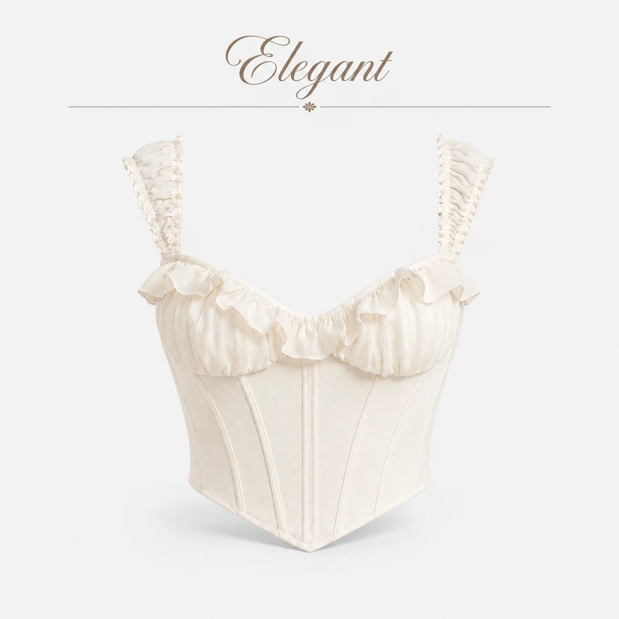 White Ruffle Trim Corset Top for Women Coquette French Romantic Lace Up Back Sweetheart Neck Form Fitting Cropped Bustier