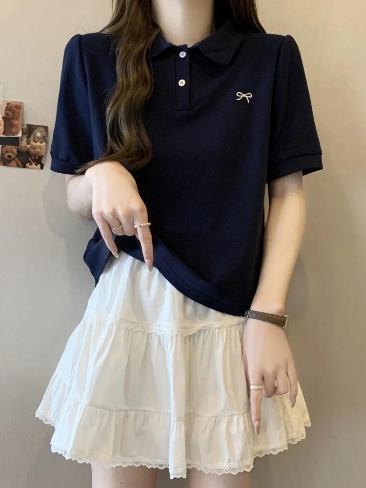 

Slimming Effect Neck Short Sleeve T-Shirt Women's Summer Large Size Base Shirt Knot Embroidery Korean Style Top