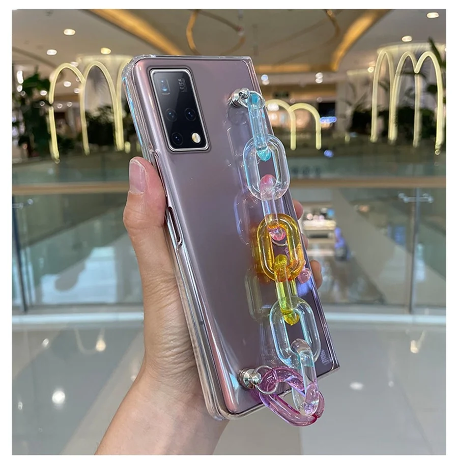 For Samsung Galaxy Z FOLD 6 5 4 3 2 5G Fashion DIY Cute Bear Candy Rainbow Hand Chain Clear Transparent Phone Case Cover