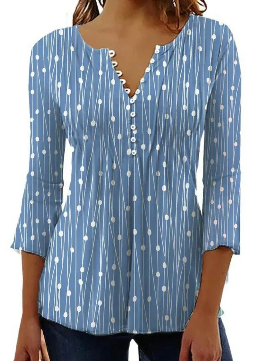 Base stampata V-ne da donna irt Long Sve Top di media lunghezza in misto poliestere Spring Faion Abbigliamento premium da donna
