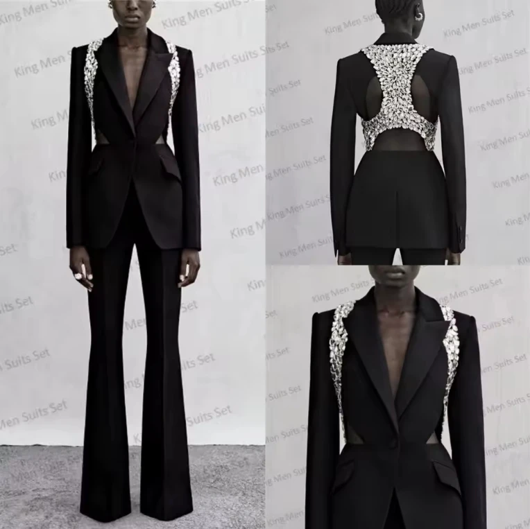 Black Crystals Women Suit Set Blazer+Flare Pants 2 Pieces Hollow Back Jacket Sexy V Neck Designer Luxury Customized Costumes