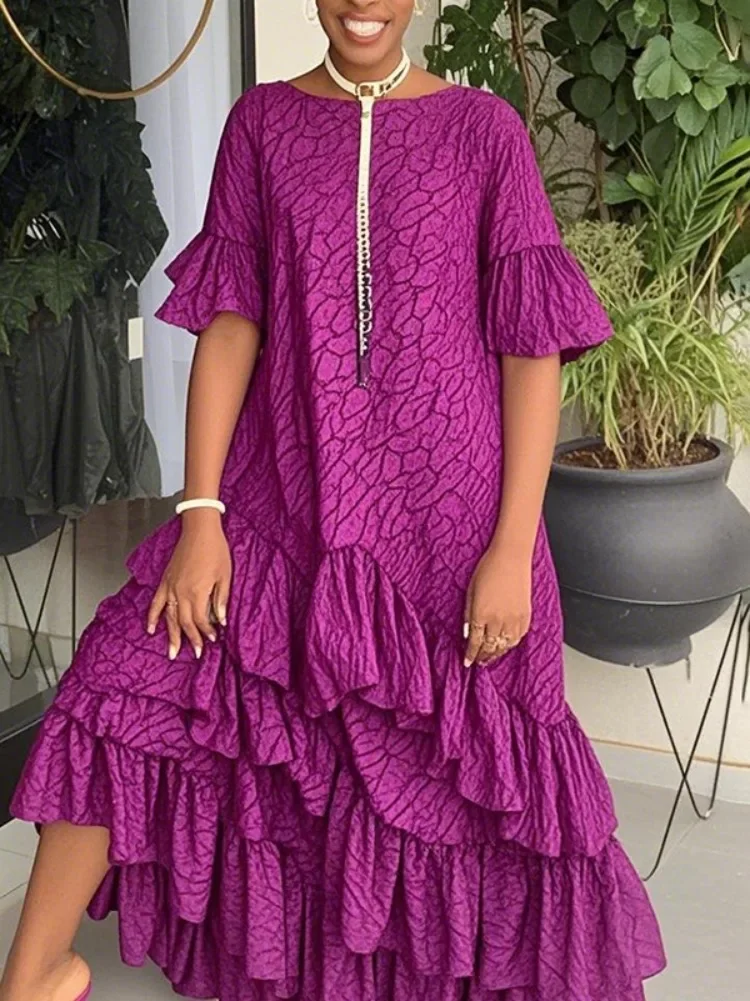 Yeezzi vestidos longos femininos moda impressa manga alargada plissada elegante em camadas plissado guarnição festa noite maxi vestido robe