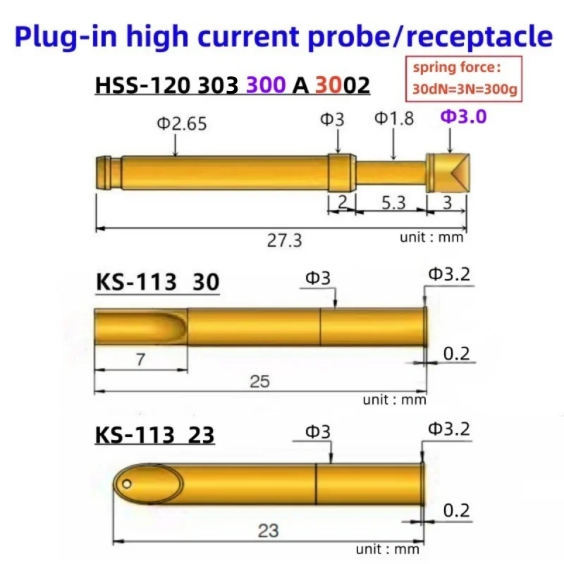 High Current Probe Plug-in Pin HSS120303300A3002 24A Test Pin Needle Cover KS-113 30 KS-113 23 Dia 3.0mm 2.65mm 27.3mm 300g