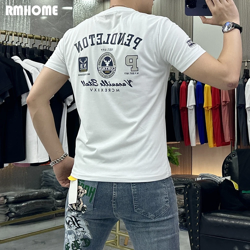 Men's High Quality T-shirt Letter Badge Printing Streetwear Causal Homme Tees Summer New Design Cotton Tops Bottom Shirt Clothes