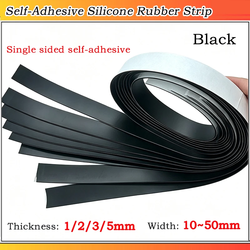 1~5 Meters Thickness 1~5mm Width10~50mm Black Single Sided Self-Adhesive Silicone Rubber Solid Strip High Temperature Resistant