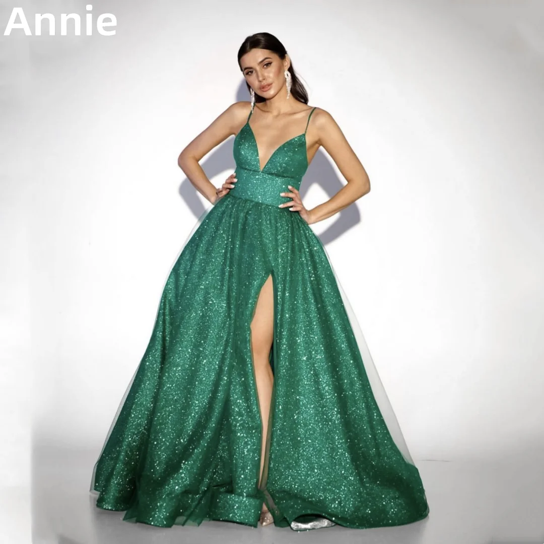 

Annie Green Prom Dresses V-neck Side Slit Evening Dress فساتين للحفلات الراقصة Flash A-line Wedding Formal Party Dresses