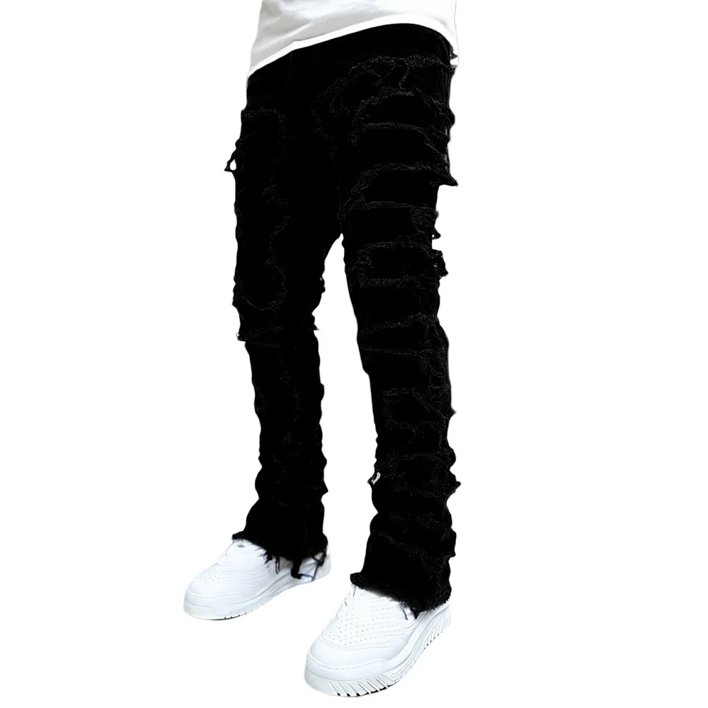 

Men Slim Ripped Denim Jeans Fashion Zipper Hip pop Long Pants Skinny Frayed Distressed Broken Denim Pants Streetwear Clothes