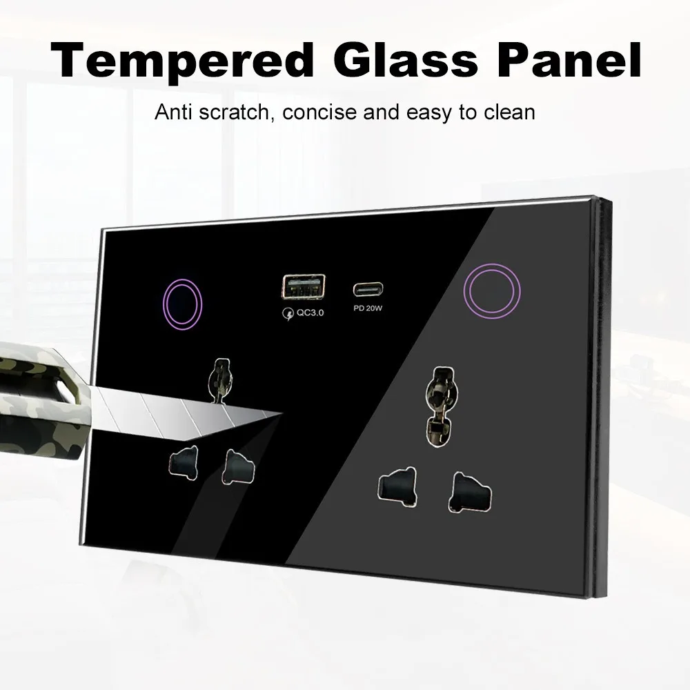 Tuya APP WiFi Smart Socket 147 Universal Power Meter PD 20W Fast Charge Tempered Glass Panel AC100-240V 16A USB A Type C Socket - view 5