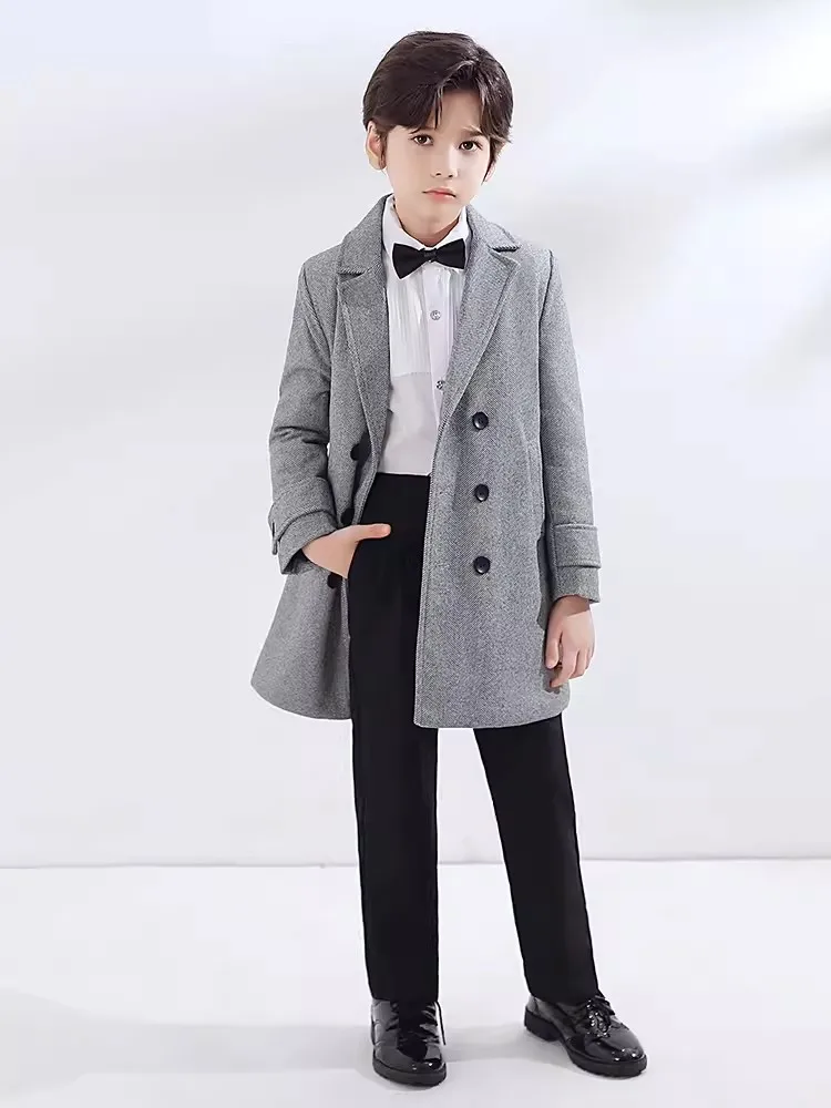 Children Windproof Outdoor Long Jacket Kids Formal Birthday Party Photography Woolen Coat Boys Girls Winter Thick Warm Wool Coat