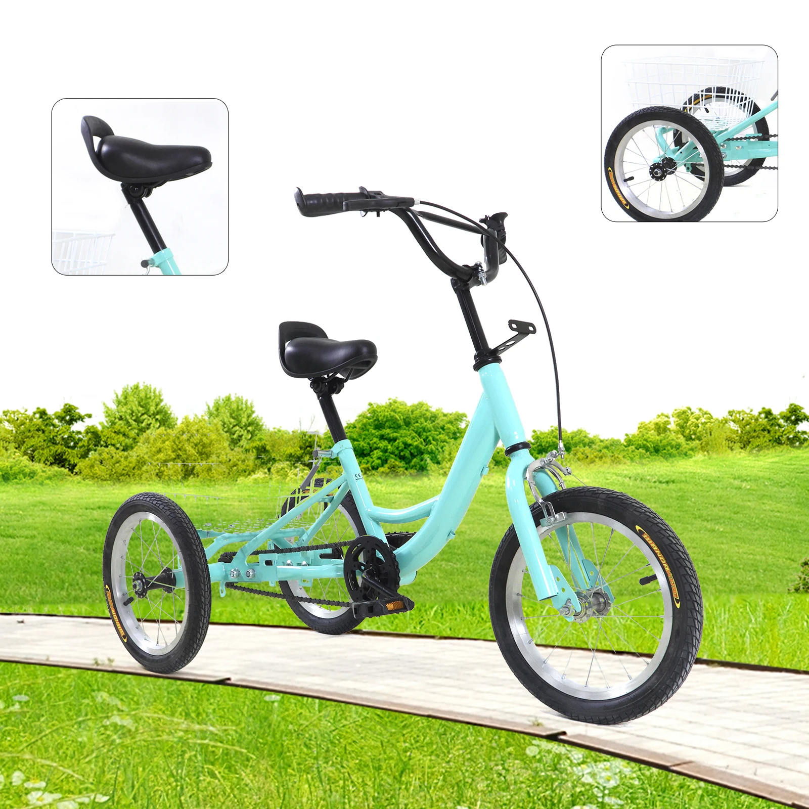 14/16Inch Mini Tricycle Kids Trike 3 Wheels 1-Speed Trike Kids Bikes Cruiser Bike with Basket