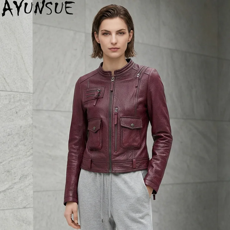 

AYUNSUE Women's Sheepskin Jackets Retro Fitted Long Sleeve Tops Real Leather Short Jacket Autumn Motorcycle Style Woman Clothes