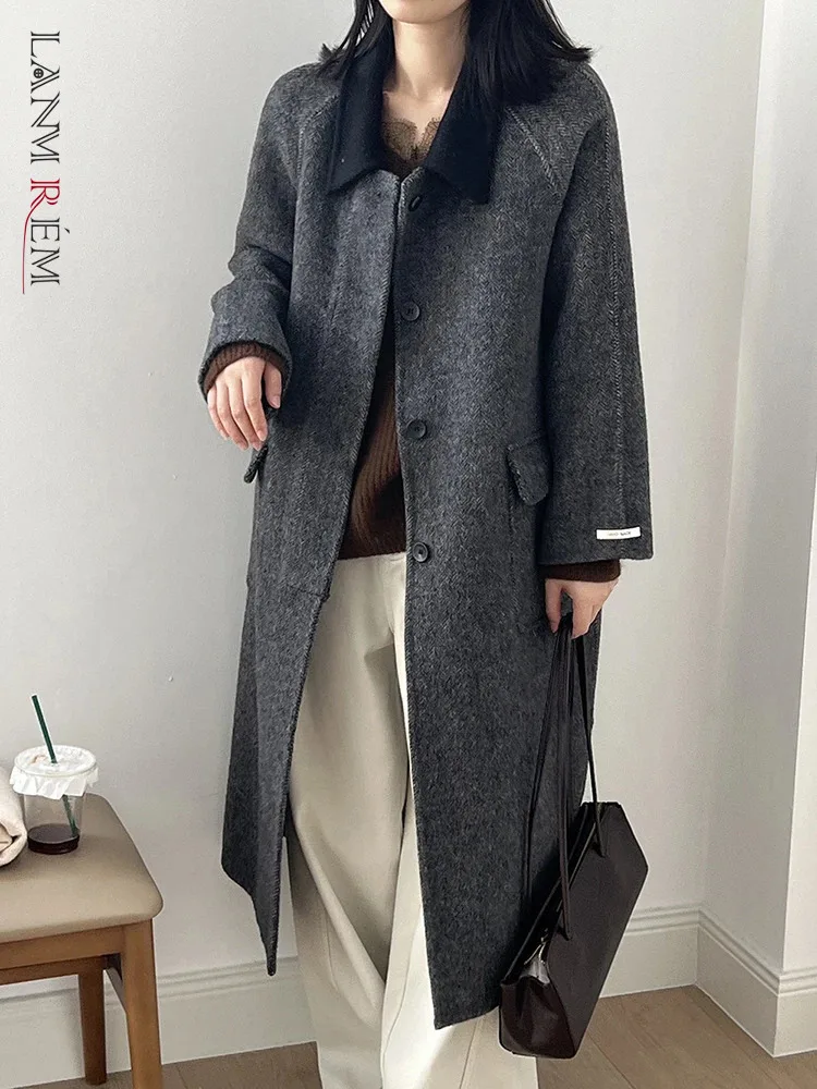 

[LANMREM] Women's Spliced Contrast Color Woolen Coat Lapel Single Breasted Warm Office Lady Long Outwear 2024 Winter New 26C1230