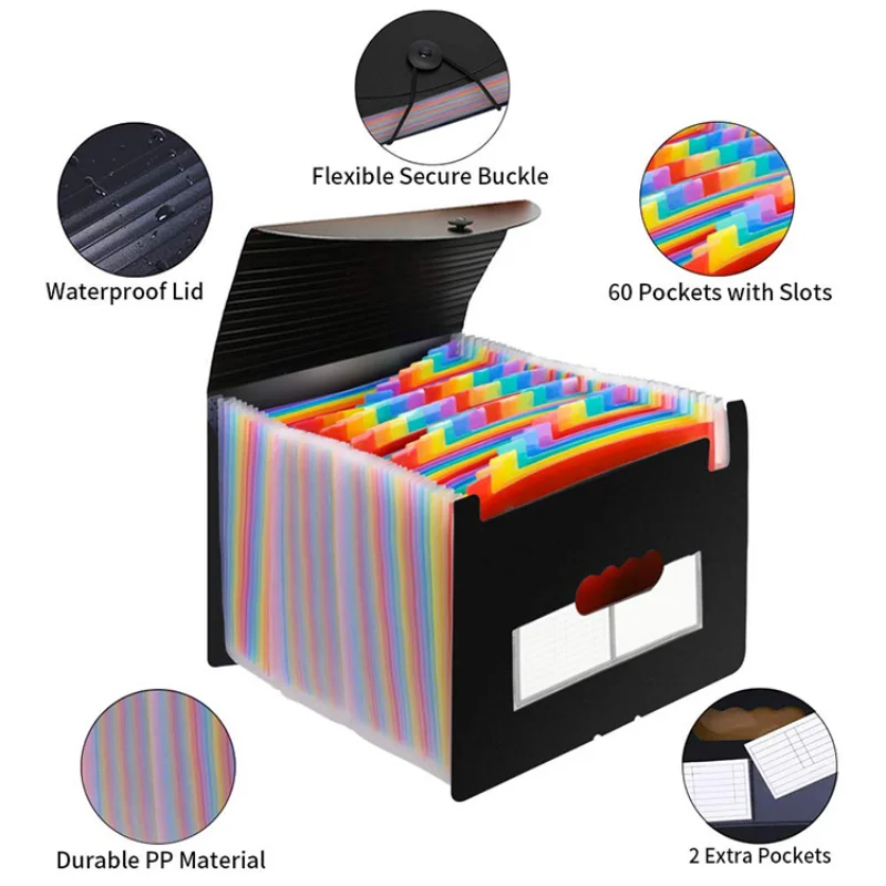 Portable A4 File Folder 13 24 Pockets Multilayer Rainbow Solid Extensible Organ Bag for White-collar Workers Teachers Women