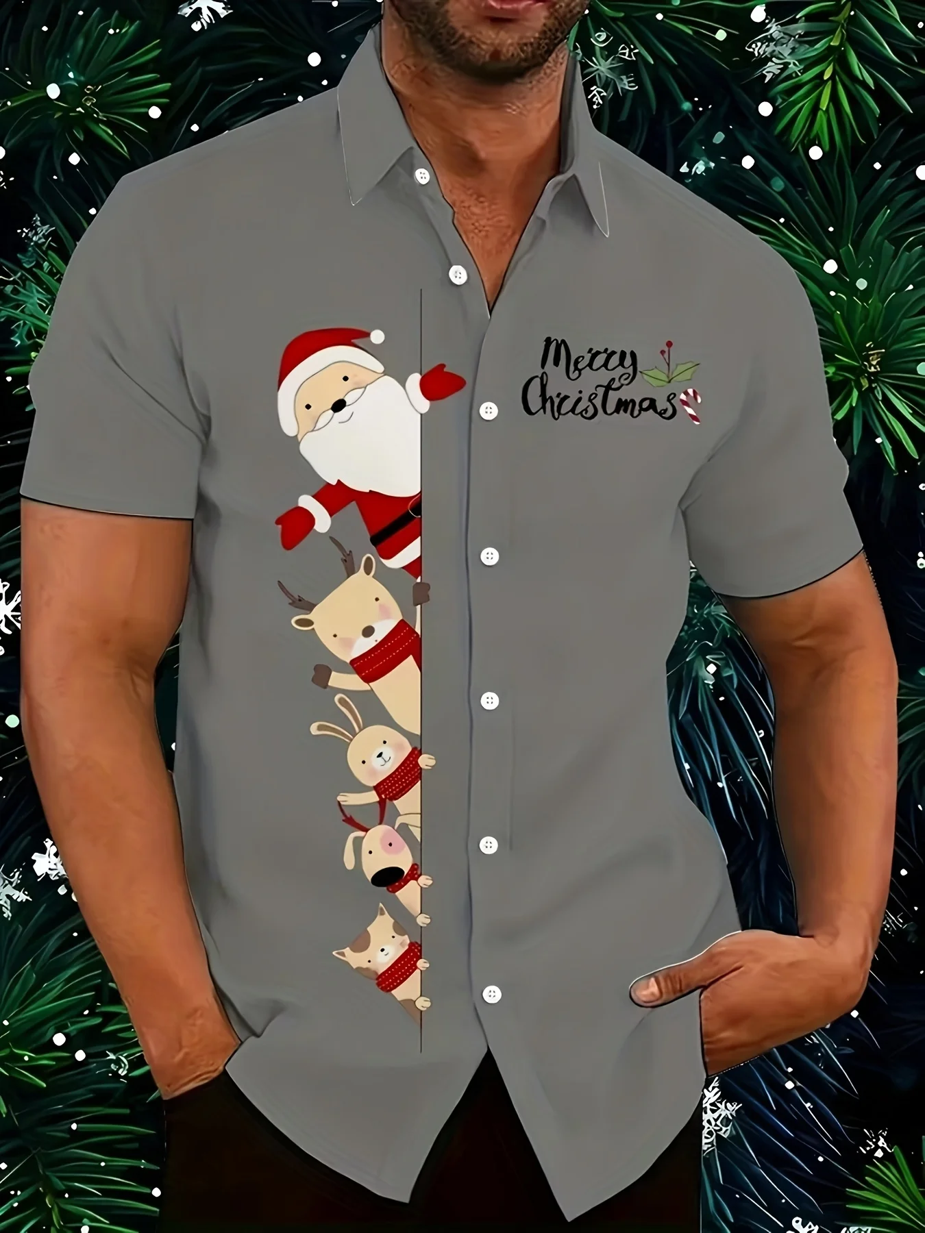 Fun Hide and Seek Cat Santa Claus Deer Rabbit Printed Men's Short Sleeved Shirt Christmas Versatile Shirt