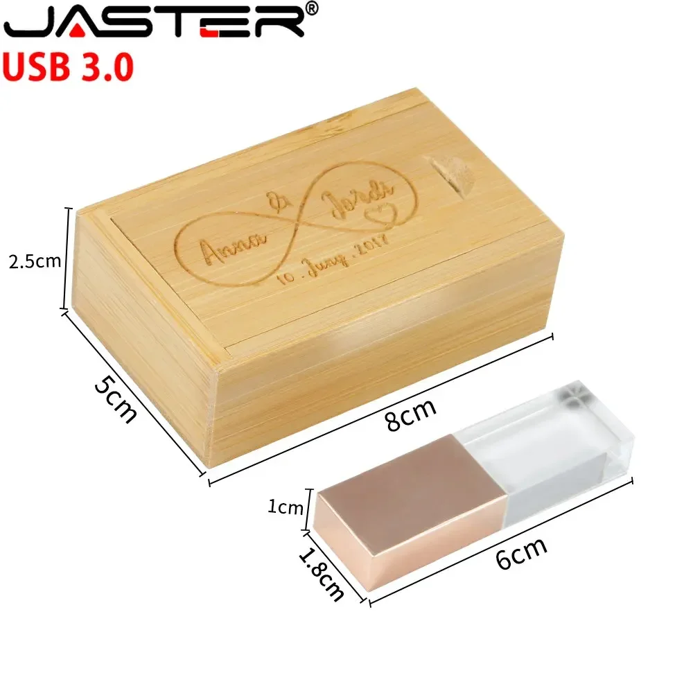 JASTER Wooden Box USB 3.0 Flash Drives 128GB Crystal Pen Drive 64GB Creative Wedding Gift Pendrive 32GB Free Custom Logo Stick