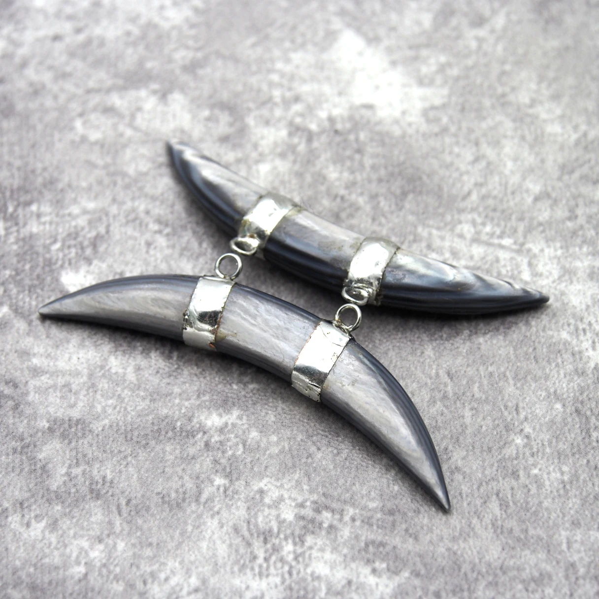 1Pcs Soldered Pendant Boho Witch Handmade Grey White Shell Top Double Bail Crescent Moon Shape 15x64mm Jewelry