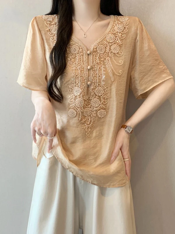 

Stunning Embroidered V-Neck Short Sleeve Shirt Women's plus Size Beautiful Top Korean Style Commute Fashion Loose Fit