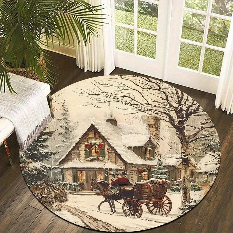 1pc Vintage Winter‑Sleigh Round Area Rug, Indoor & Outdoor Comfortable Floor Mat for Kitchen, Home, Office, Laundry Room