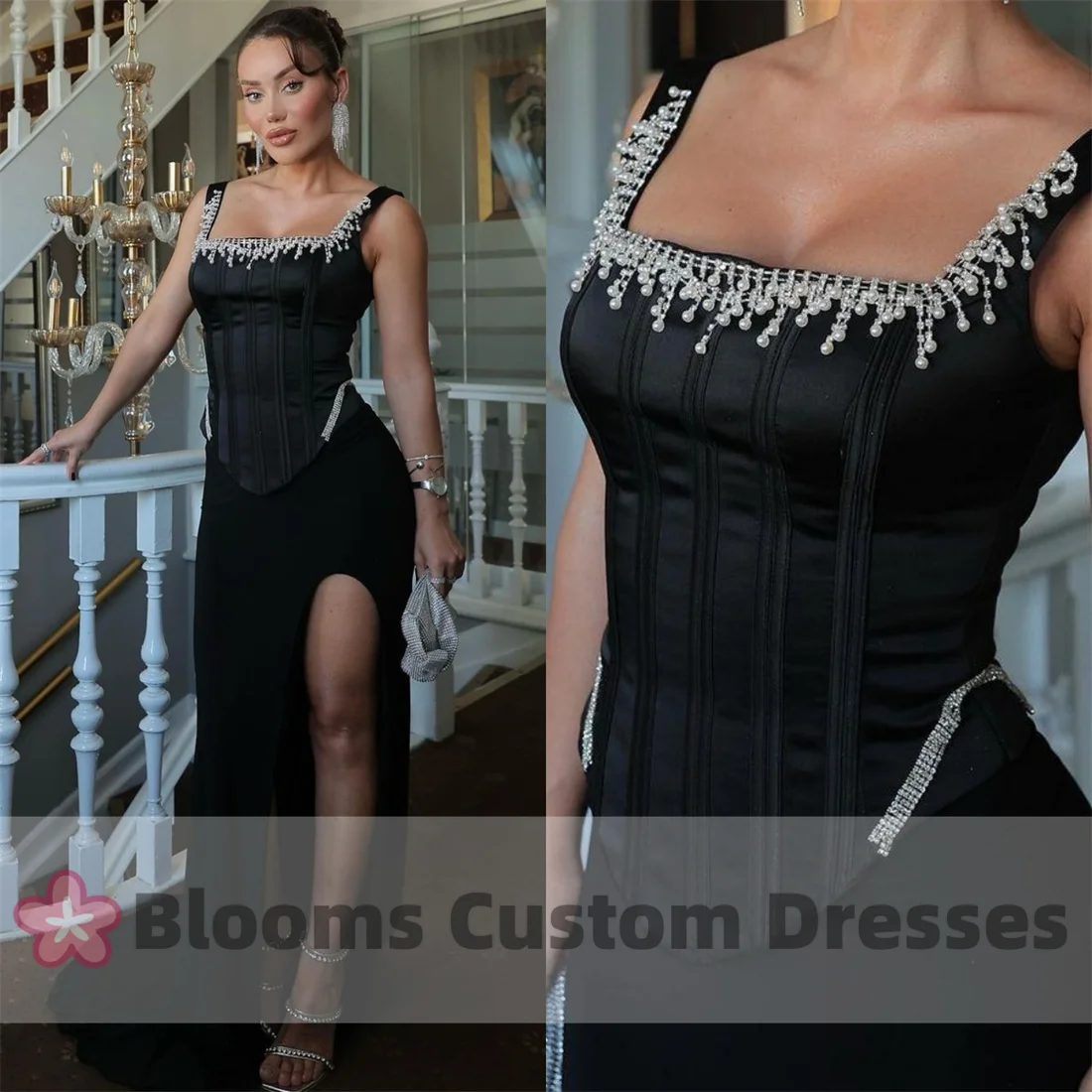 Customized Vintage Shiny Rhinestone Beads Black Evening Dresses 2024 Square Neck Mermaid Sleeveless Formal Dress For Prom Party