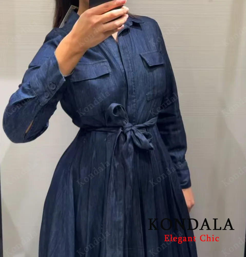 KONDALA Denim riem shirtjurk dames herfst elegante casual slanke lange jurk 2025, herfstmode feest dames sjerpen lange jurk