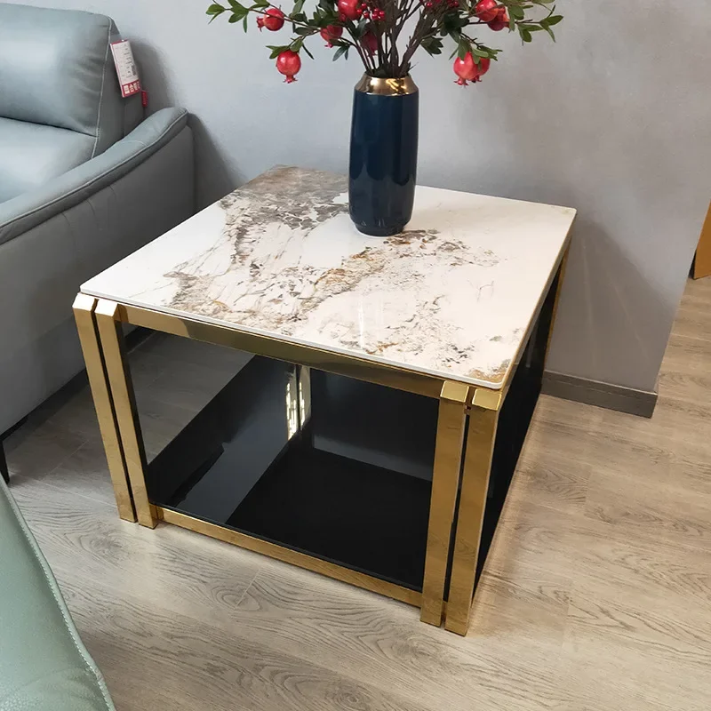 Stainless steel sofa side table light luxury side cabinet high-end square table living room marble small coffee table Pandora