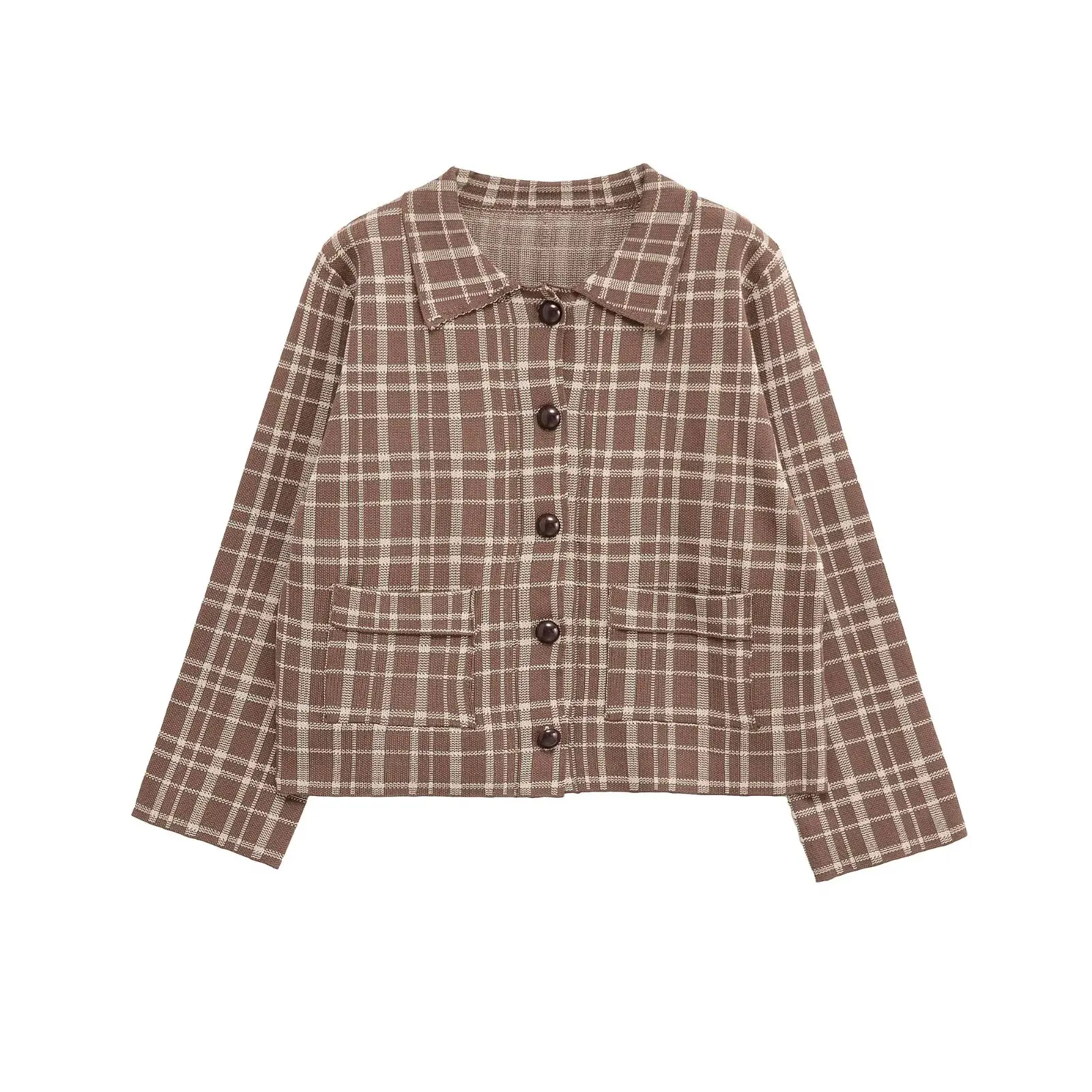 Sweter damski Lazy Sle Ultra ular Retro Anti-Aging Slimming Plaid Collar Seven-Quarter Sve Knitted Jaet Women's Faion