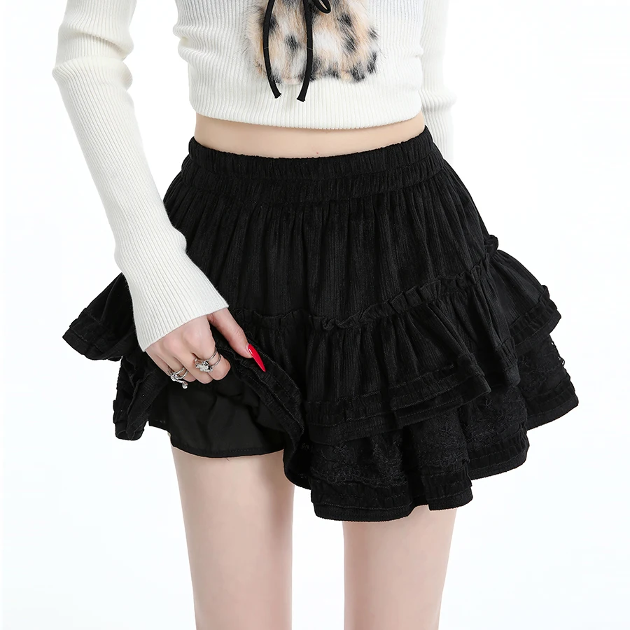 

Autumn Skirt Women Lace Cake Design New Style Small Stature Elastic High Waist Slimming Anti Glare A Line Fluffy Short
