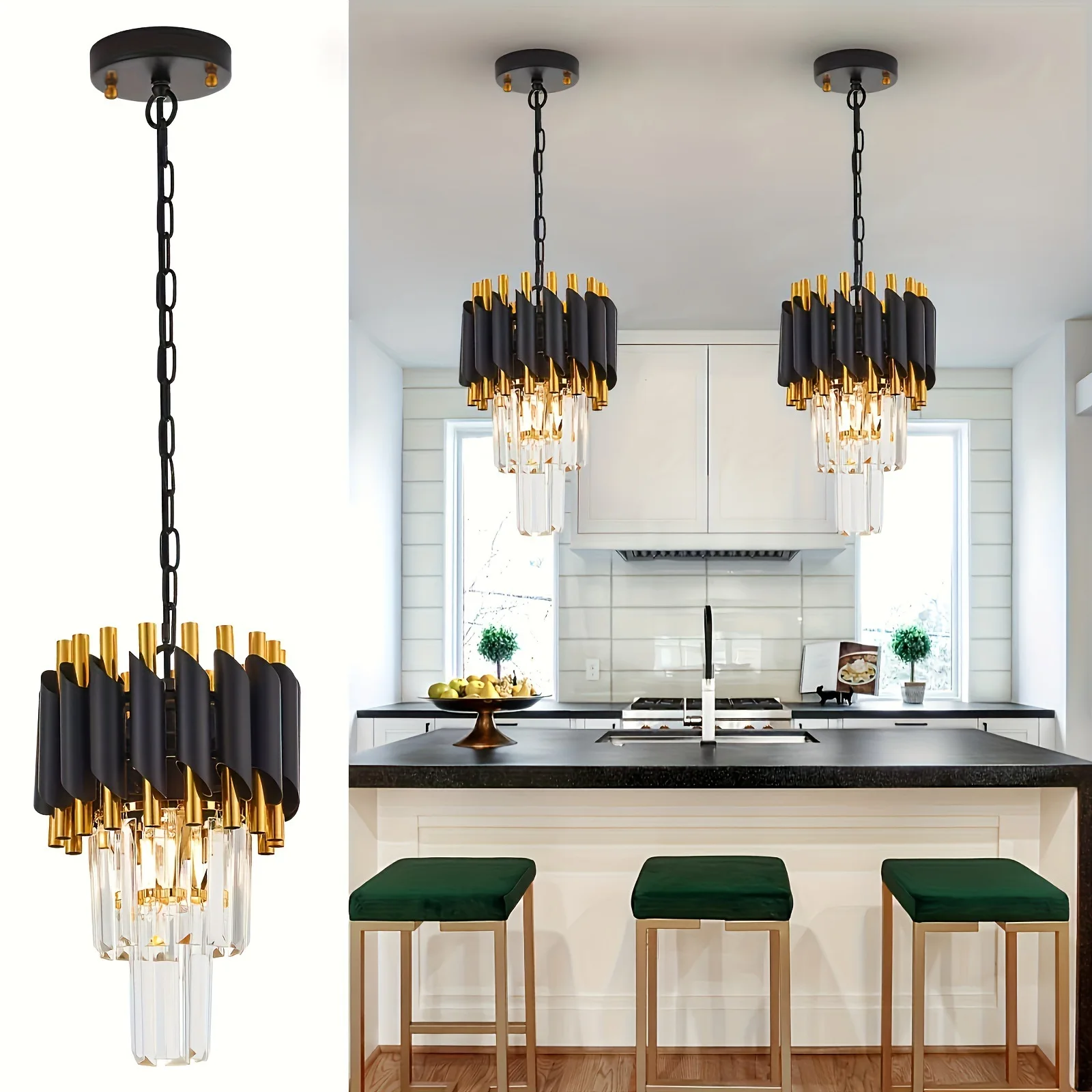 Lámpara colgante pequeña de hierro con decoración de cristal de lujo, luz americana minimalista moderna, candelabro de cristal para sala de estar y comedor