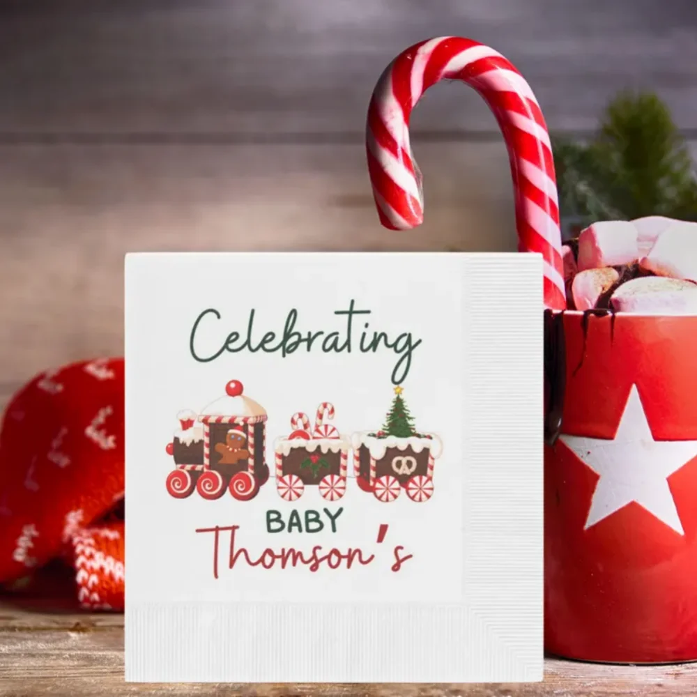 

Personalized Christmas Baby Shower Napkins: Embossed Coined Edge