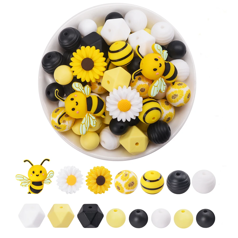 LOFCA 60Pcs silicone sunflower beads round bee beads mix for DIY necklace Teething For Infant Pacifier chain accessories beads