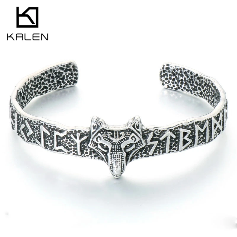 Kalen Viking Rune Nordic Wolf Open Bangle for Men Stainless Steel Cuff Bracelet Warrior Vegvisir Compass Vintage Amulet Jewelry