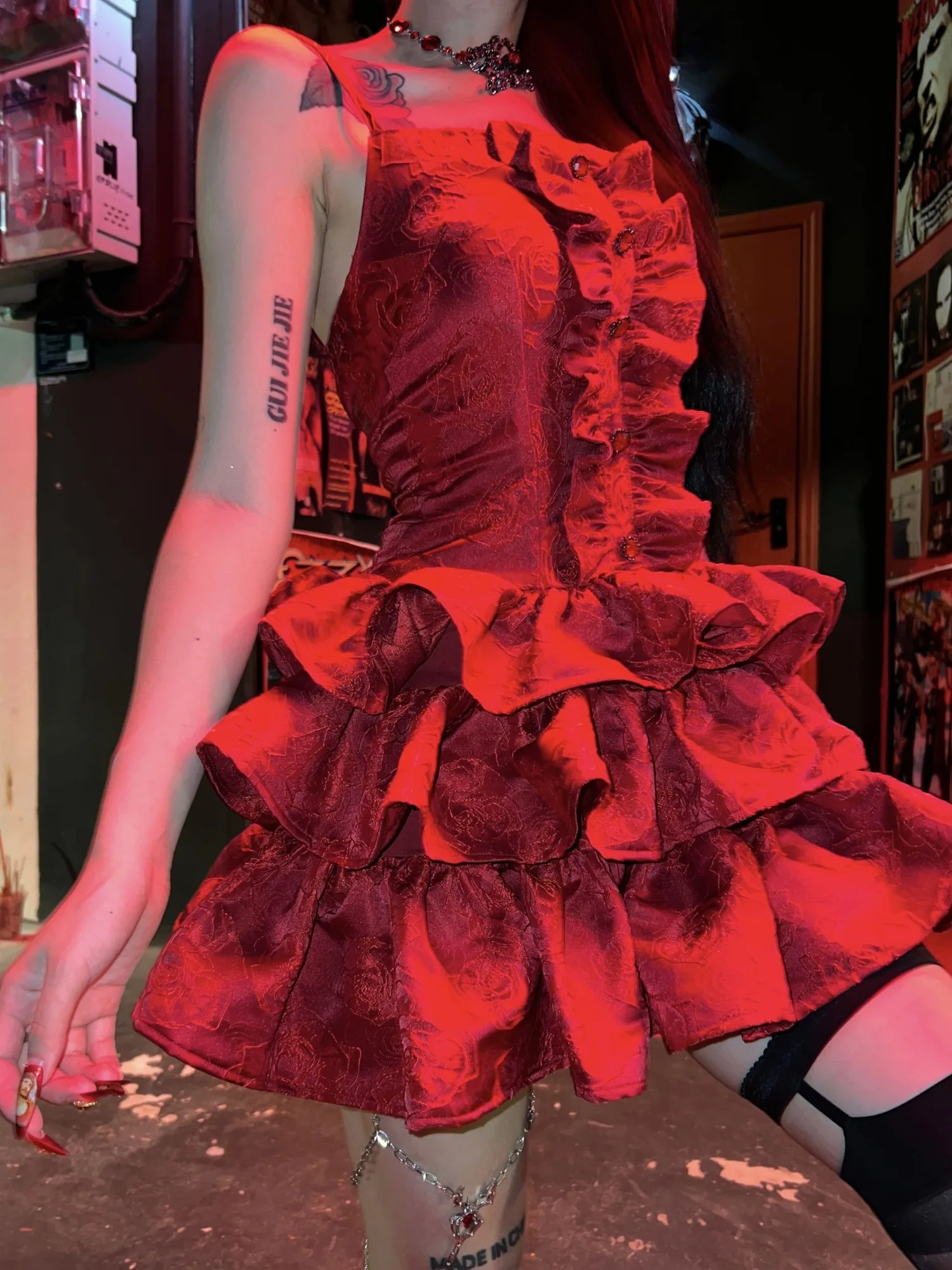 Mini vestido gótico multi camadas, Vestido de deslizamento de bolo vermelho, Punk Rock Grunge, Doce Lolita, Design original, Y2k