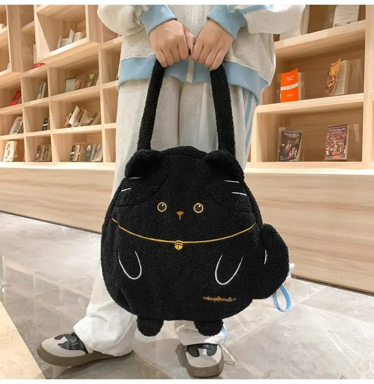 Kawaii Cartoon Cat Plush Bag Women College Girls Shoulder Bag Large Capacity Handbags and Purses Imitation Lamb Hair Tote Bag