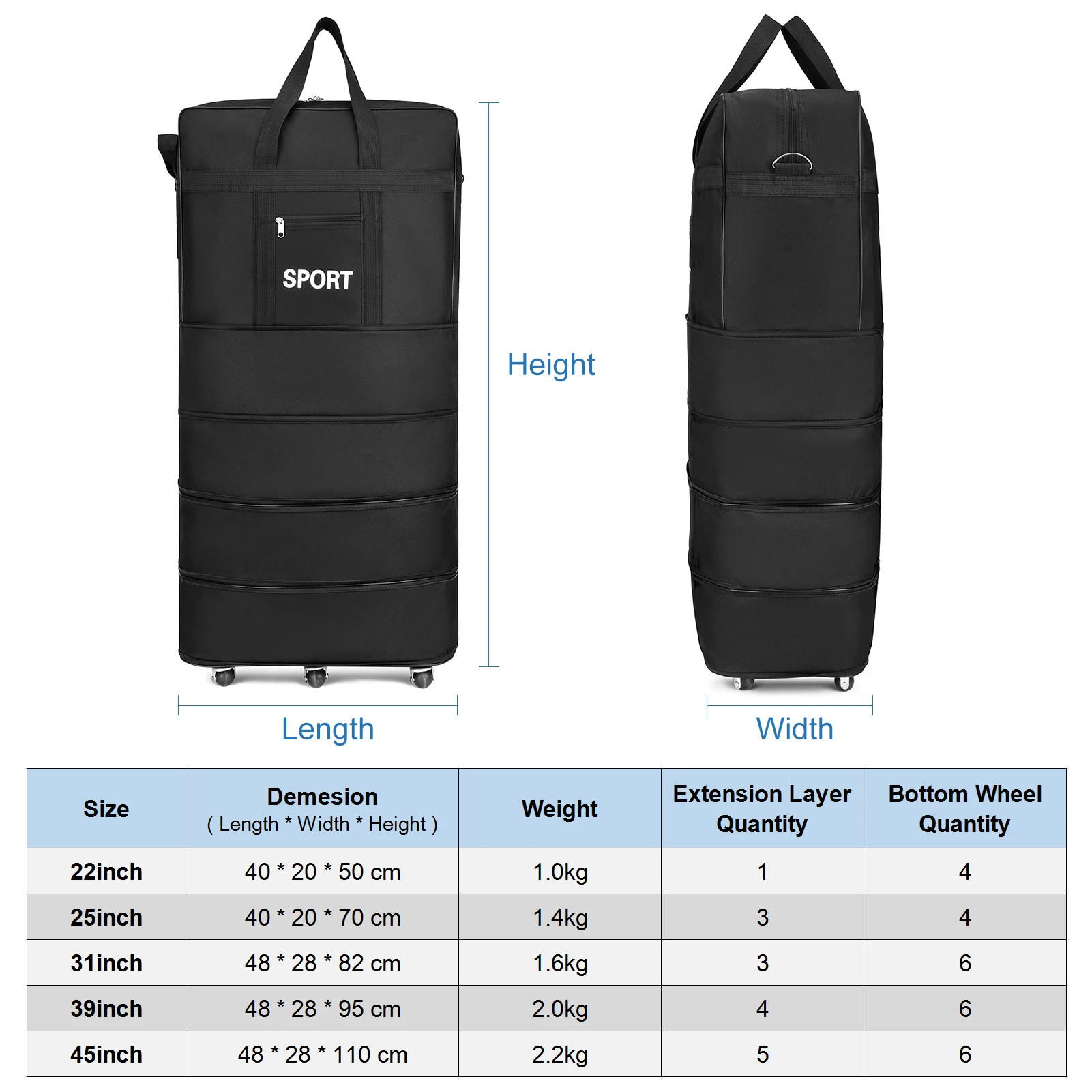 31/39/45inch Expandable Suitcase Bag Foldable Rolling Luggage Bag for Travel Business