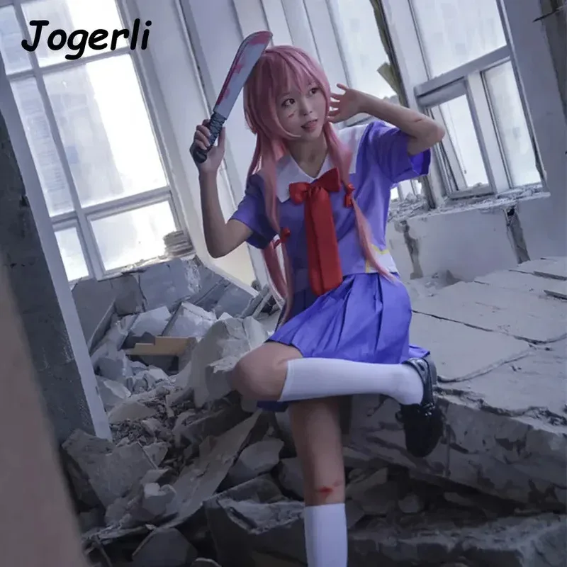 Jogerli Anime Future Diary Mirai Nikki Gasai Yuno disfraces Cosplay traje de marinero uniforme escolar falda peluca mujer disfraz de Halloween