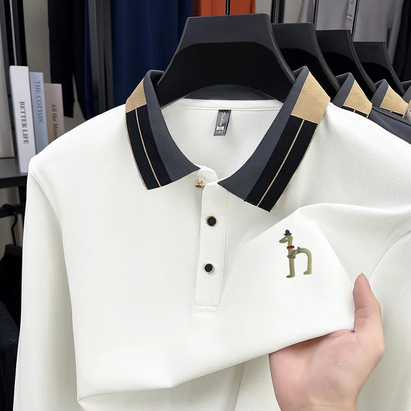 עיצוב מקורי חולצת פולו לגברים סתיו חדש הדפס בצבע אחיד חולצת טריקו עם שרוולים ארוכים בגדי גברים לעסקים פנאי ברמה גבוהה