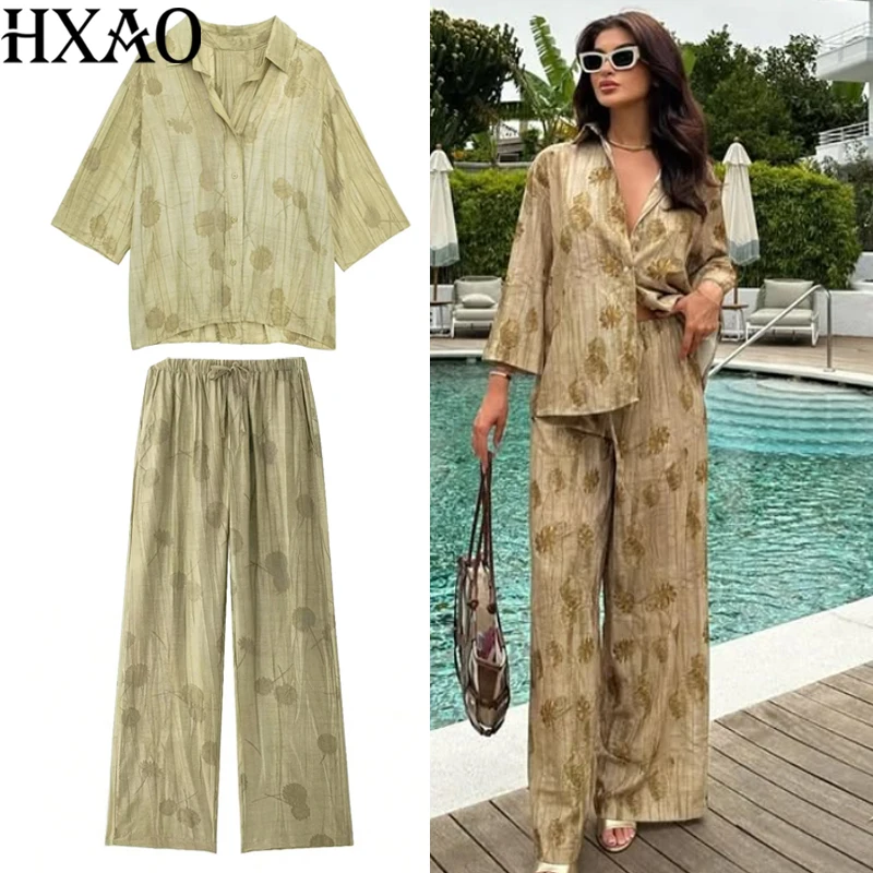 

HXAO Print Pant Sets 2 Piece Sets Woman Outfit Buttoned Loose Fit Shirt Tied Baggy Pants Summer Casual Women's Two Pieces Set