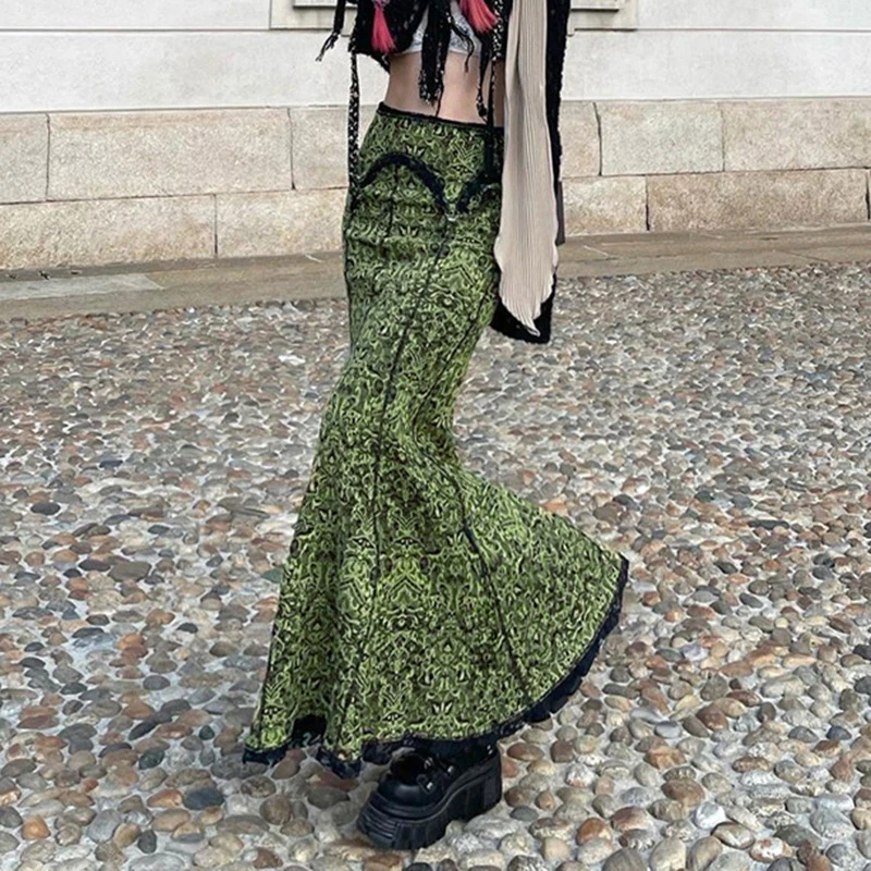 Vintage Print Long Skirt Women Y2K 2000S Lace Patchwork Trumpet Maxi Skirts Aesthetic Elegant High Waist Slim Mermaid Skirts New