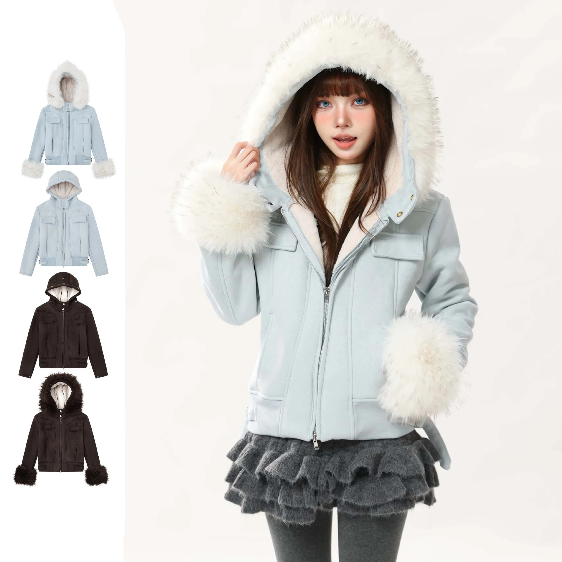 

Зимняя женская короткая куртка из искусственной замши, модная теплая куртка со съемным меховым воротником, мужская одежда с воротником-стойкой, тонкая хлопковая одежда с капюшоном