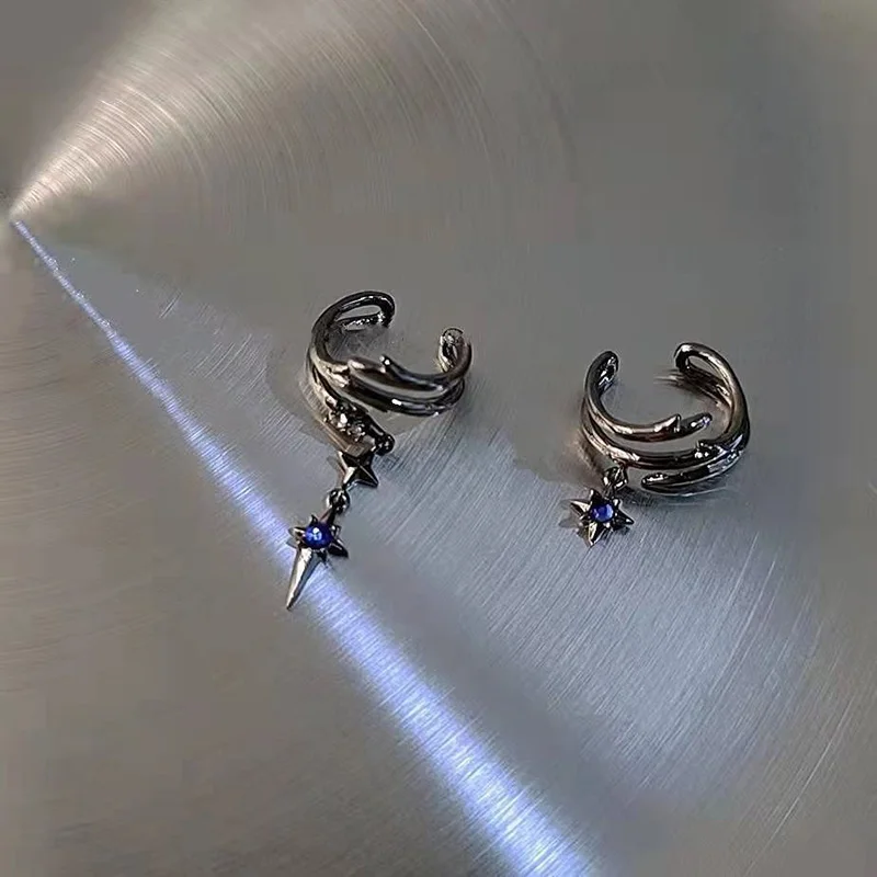 Fake Piercing Asymmetry Ear Cuff For Women Retro Punk Goth Black Gold Color Blue Zircon Hanging Earbone Clip Earrings  EF186-1