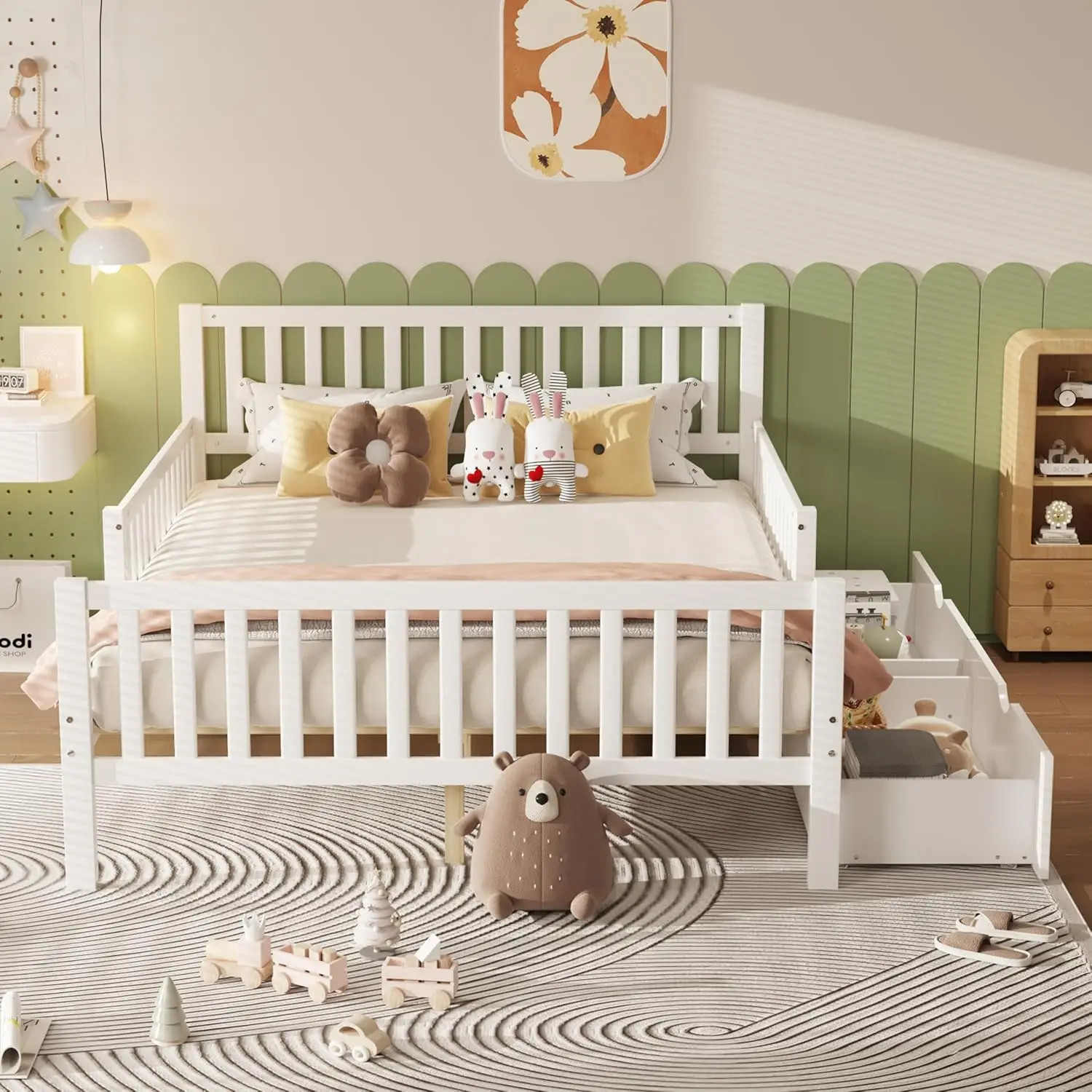 Kids Full Bed Frame with Storage Drawers and Both Sides Guardrails, Kids Platform Bed with Headboard and Slat Support,
