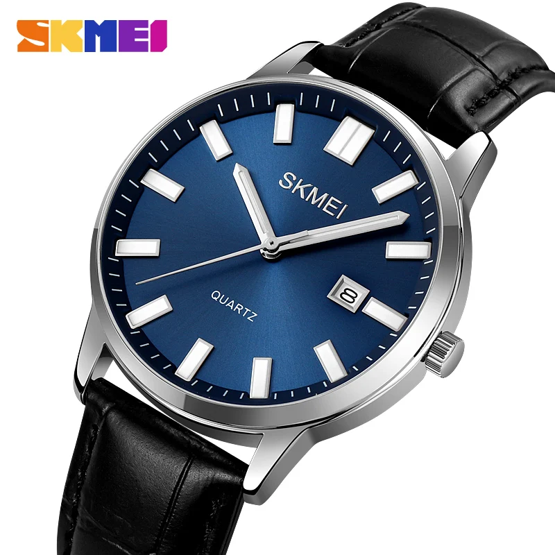 

SKMEI Роскошные минималистичные часы для мужчин, ультратонкий кожаный ремешок, мужские деловые наручные часы с датой, повседневные кварцевые часы Reloj Hombre