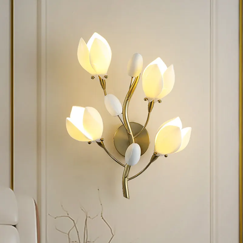

Designer Yulan Flower Wall Lamps French Countryside LED Wall Sconces Restaurant Hotel Living Room Bedroom Nightstand Wall Lights