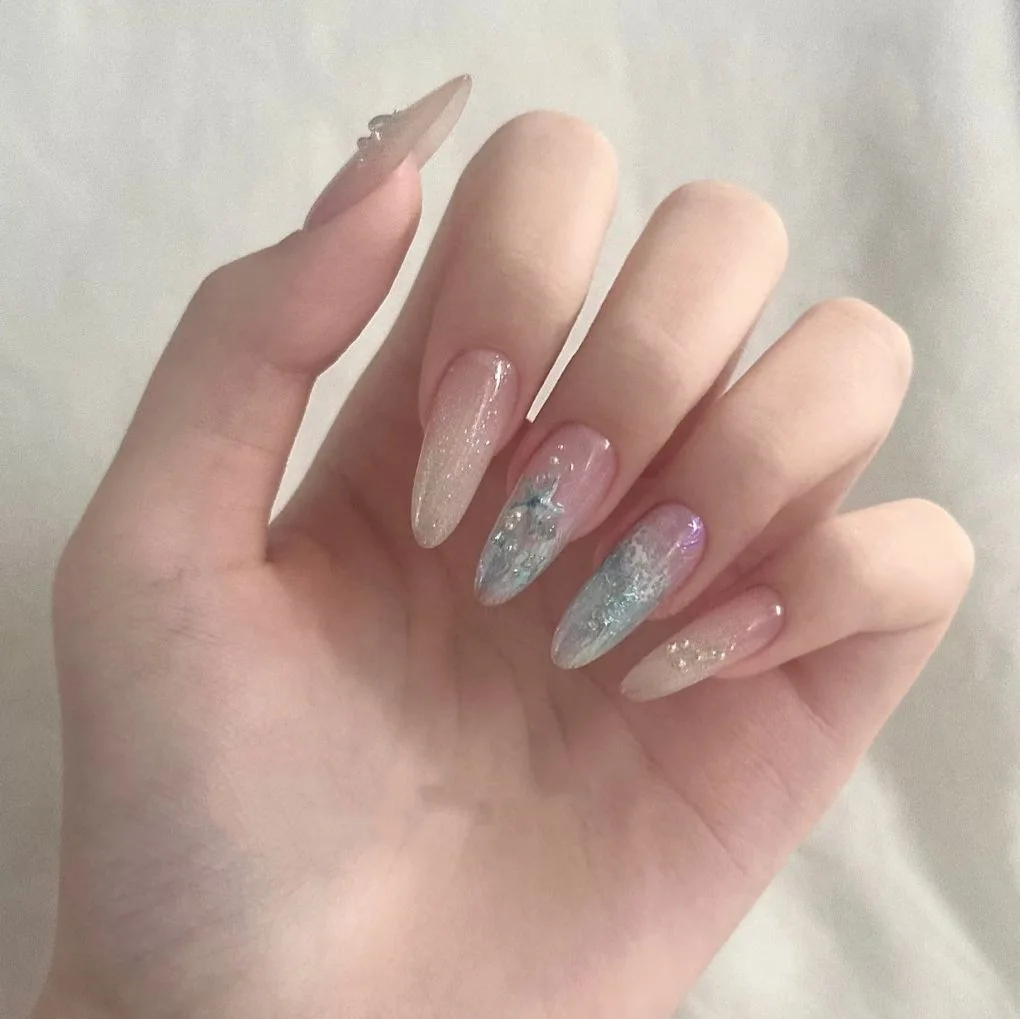 10pcsHandmade Almond Press On Nails Shiny Cat Eye Blue Star Pearl Design Sweet Cute Fake Nails Wearable Nails Art Tips For Girls